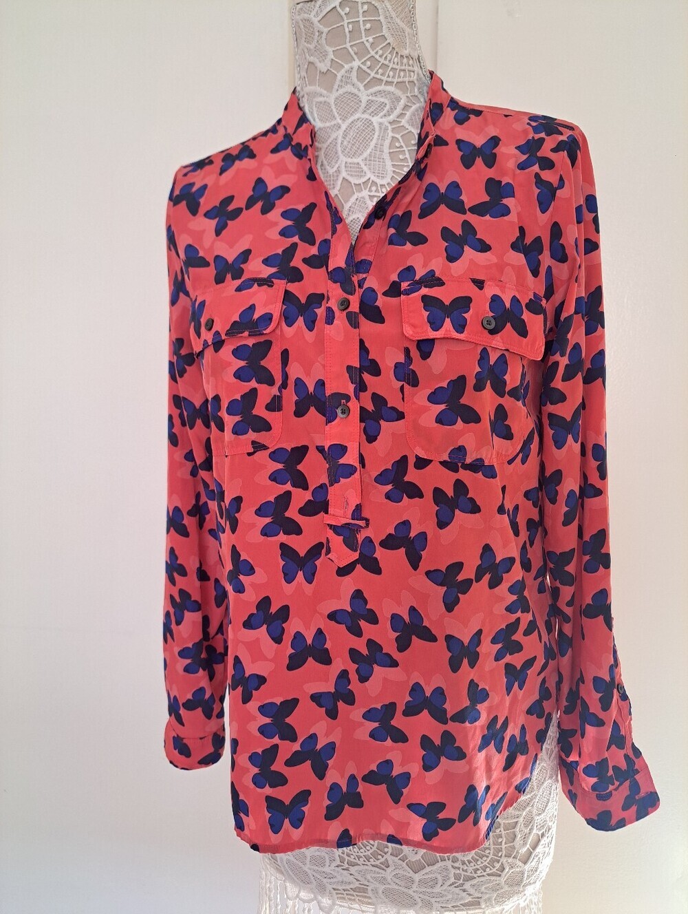 GAP Coral Button-Front Shirt with Navy Butterfly Print